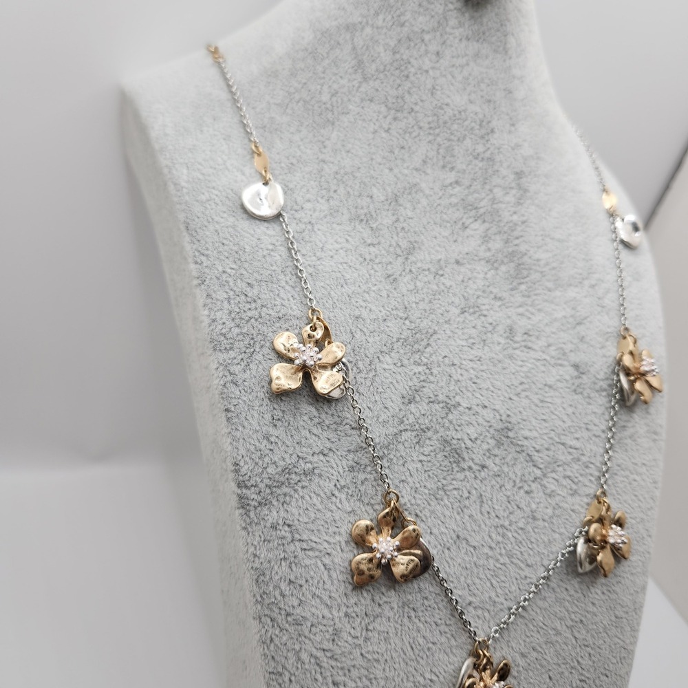 Boho Chic Hammered Flower Station Necklace Mixed Metal Gold Silver Elegant - Picture 2 of 9